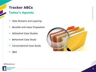 Tracker ABCs
     Today’s Agenda

      Data Streams and Layering

      Benefits and Value Proposition

      Attitudinal Case Studies

      Behavioral Case Study

      Conversational Case Study

      Q&A



#RNwebinars

                                        4
 