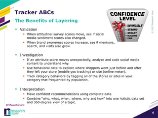 Tracker ABCs
     The Benefits of Layering
      Validation
           When attitudinal survey scores move, see if social
            media sentiment scores also changed.
           When brand awareness scores increase, see if mentions,
            search, and visits also grew.

      Investigation
           If an attribute score moves unexpectedly, analyze and code social media
            content to understand why.
           Use behavioral data to explore where shoppers went just before and after
            they left your store (mobile geo tracking) or site (online meter).
           Track category behaviors by tagging all of the stores or sites in your
            category that frequented by population.


      Interpretation
           Make confident recommendations using complete data.
           Combine “who, what, when, where, why and how” into one holistic data set
              and 360-degree view of a topic.
#RNwebinars

                                                                                       6
 