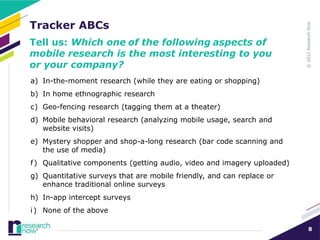 Tracker ABCs
Tell us: Which one of the following aspects of
mobile research is the most interesting to you
or your company?
a) In-the-moment research (while they are eating or shopping)
b) In home ethnographic research
c) Geo-fencing research (tagging them at a theater)
d) Mobile behavioral research (analyzing mobile usage, search and
   website visits)
e) Mystery shopper and shop-a-long research (bar code scanning and
   the use of media)
f ) Qualitative components (getting audio, video and imagery uploaded)
g) Quantitative surveys that are mobile friendly, and can replace or
   enhance traditional online surveys
h) In-app intercept surveys
i ) None of the above

                                                                         8
 