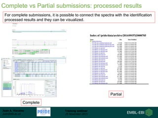 Juan A. Vizcaíno
juan@ebi.ac.uk
Training webinar
25 November 2015
Complete
Partial
Complete vs Partial submissions: processed results
For complete submissions, it is possible to connect the spectra with the identification
processed results and they can be visualized.
 