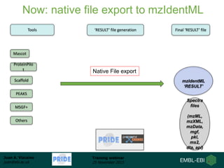 Juan A. Vizcaíno
juan@ebi.ac.uk
Training webinar
25 November 2015
Tools ‘RESULT’ file generation Final ‘RESULT’ file
mzIdentML
‘RESULT’
Now: native file export to mzIdentML
Spectra
files
(mzML,
mzXML,
mzData,
mgf,
pkl,
ms2,
dta, apl)
Mascot
ProteinPilo
t
Scaffold
PEAKS
MSGF+
Others
Native File export
 