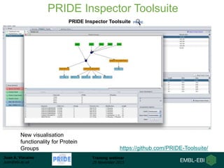 Juan A. Vizcaíno
juan@ebi.ac.uk
Training webinar
25 November 2015
PRIDE Inspector Toolsuite
https://github.com/PRIDE-Toolsuite/
New visualisation
functionality for Protein
Groups
PRIDE Inspector Toolsuite
 