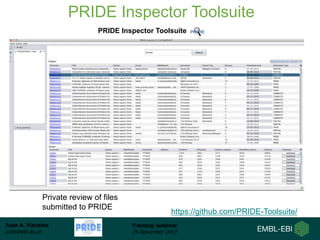 Juan A. Vizcaíno
juan@ebi.ac.uk
Training webinar
25 November 2015
PRIDE Inspector Toolsuite
PRIDE Inspector Toolsuite
Private review of files
submitted to PRIDE
https://github.com/PRIDE-Toolsuite/
 
