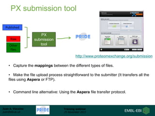 Juan A. Vizcaíno
juan@ebi.ac.uk
Training webinar
25 November 2015
• Capture the mappings between the different types of files.
• Make the file upload process straightforward to the submitter (It transfers all the
files using Aspera or FTP).
PX submission tool
Published
Raw
Other
files
http://www.proteomexchange.org/submission
PX
submission
tool
• Command line alternative: Using the Aspera file transfer protocol.
 