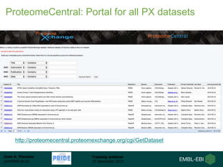 Juan A. Vizcaíno
juan@ebi.ac.uk
Training webinar
25 November 2015
ProteomeCentral: Portal for all PX datasets
http://proteomecentral.proteomexchange.org/cgi/GetDataset
 