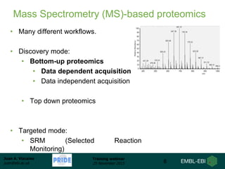 Juan A. Vizcaíno
juan@ebi.ac.uk
Training webinar
25 November 2015
Mass Spectrometry (MS)-based proteomics
8
• Many different workflows.
• Discovery mode:
• Bottom-up proteomics
• Data dependent acquisition
• Data independent acquisition
• Top down proteomics
• Targeted mode:
• SRM (Selected Reaction
Monitoring)
 