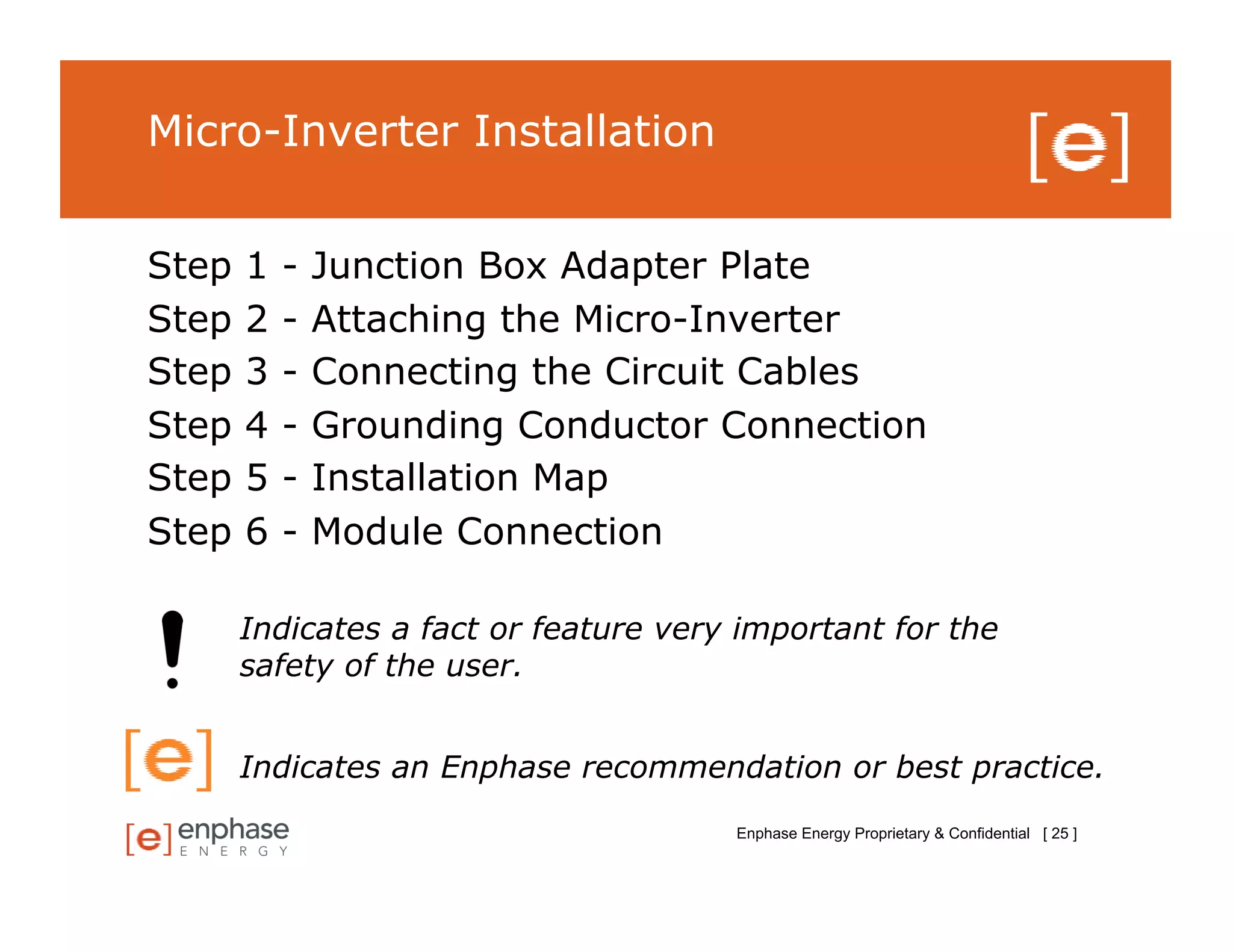 Micro-Inverter Installation


Step   1   -   Junction Box Adapter Plate
Step   2   -   Attaching the Micro-Inverter
Step   3   -   Connecting the Circuit Cables
Step   4   -   Grounding Conductor Connection
Step   5   -   Installation Map
Step   6   -   Module Connection

       Indicates a fact or feature very important for the
       safety of the user.


       Indicates an Enphase recommendation or best practice.
                                       Enphase Energy Proprietary & Confidential [ 25 ]
 