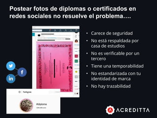 Postear fotos de diplomas o certificados en
redes sociales no resuelve el problema….
• Carece de seguridad
• No está respaldada por
casa de estudios
• No es verificable por un
tercero
• Tiene una temporabilidad
• No estandarizada con tu
identidad de marca
• No hay trazabilidad
 