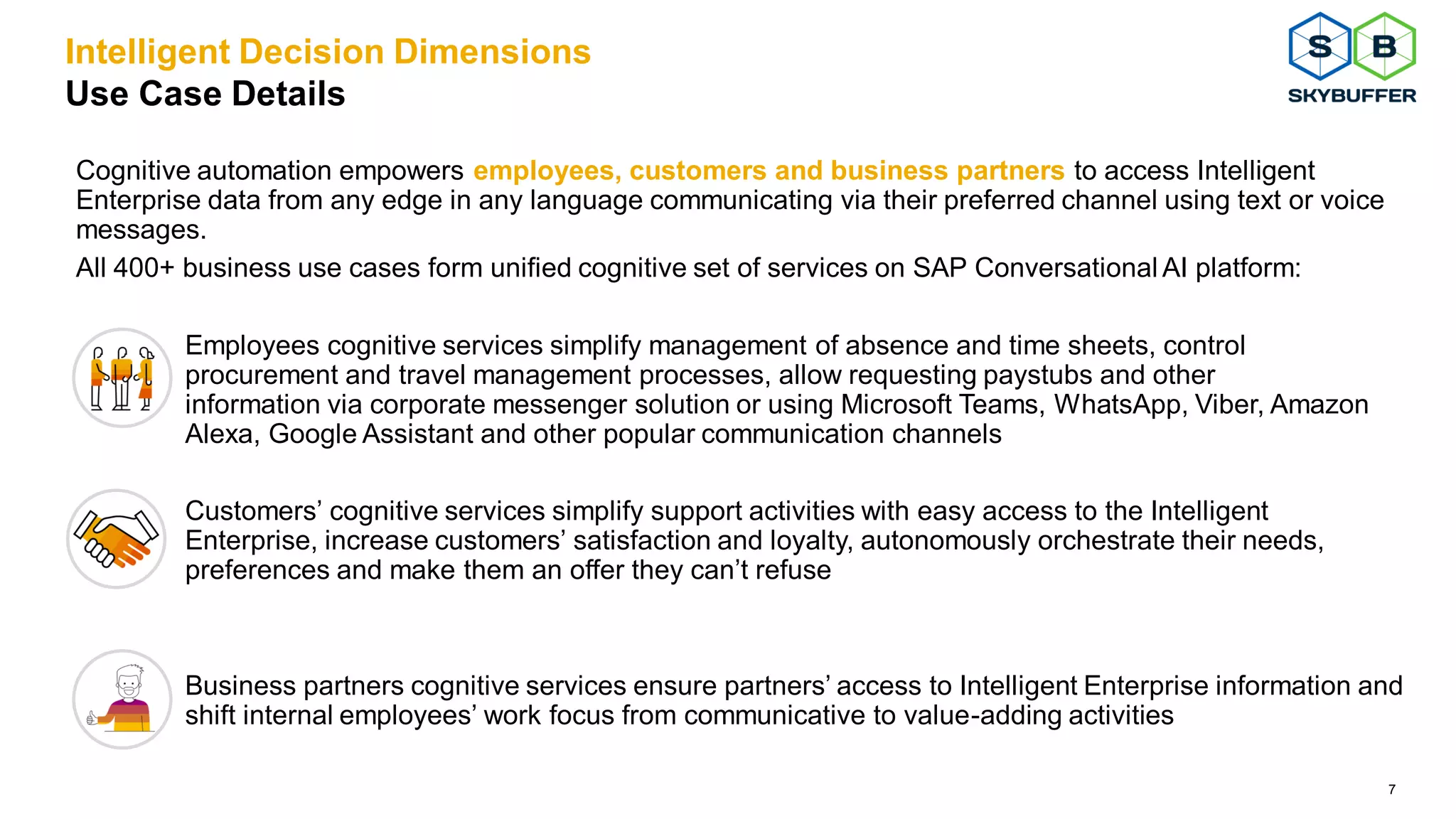 7
Intelligent Decision Dimensions
Use Case Details
Cognitive automation empowers employees, customers and business partners to access Intelligent
Enterprise data from any edge in any language communicating via their preferred channel using text or voice
messages.
All 400+ business use cases form unified cognitive set of services on SAP Conversational AI platform:
Employees cognitive services simplify management of absence and time sheets, control
procurement and travel management processes, allow requesting paystubs and other
information via corporate messenger solution or using Microsoft Teams, WhatsApp, Viber, Amazon
Alexa, Google Assistant and other popular communication channels
Customers’ cognitive services simplify support activities with easy access to the Intelligent
Enterprise, increase customers’ satisfaction and loyalty, autonomously orchestrate their needs,
preferences and make them an offer they can’t refuse
Business partners cognitive services ensure partners’ access to Intelligent Enterprise information and
shift internal employees’ work focus from communicative to value-adding activities
 