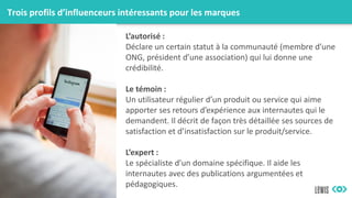 Trois profils d’influenceurs intéressants pour les marques
L’autorisé :
Déclare un certain statut à la communauté (membre d’une
ONG, président d’une association) qui lui donne une
crédibilité.
Le témoin :
Un utilisateur régulier d’un produit ou service qui aime
apporter ses retours d’expérience aux internautes qui le
demandent. Il décrit de façon très détaillée ses sources de
satisfaction et d’insatisfaction sur le produit/service.
L’expert :
Le spécialiste d’un domaine spécifique. Il aide les
internautes avec des publications argumentées et
pédagogiques.
 