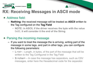 RX: Receiving Messages in ASCII mode
Address field:
– Nothing: the received message will be treated as ASCII written to
the Tag configured on the Tag Field
• NOTE: in ASCII, if the driver receives the byte with the value
0x00, it will consider it the end of the String
Parsing the incoming message
– If you want to treat the message the is arriving, writing part of the
message in some tags, and part in other tags, you can configure
the following parameters:
• L:<n> – Length, in bytes, of the part of the message that will be
written to the Tag Configured in the Tag Field
• S:<char> – In case the message has separators, such as CSV
messages, enter here the Hexadecimal code for the separator.
 