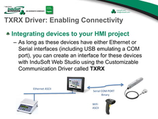 TXRX Driver: Enabling Connectivity
Integrating devices to your HMI project
– As long as these devices have either Ethernet or
Serial interfaces (including USB emulating a COM
port), you can create an interface for these devices
with InduSoft Web Studio using the Customizable
Communication Driver called TXRX
Serial COM PORT
Binary
WiFi
ASCII
Ethernet ASCII
 