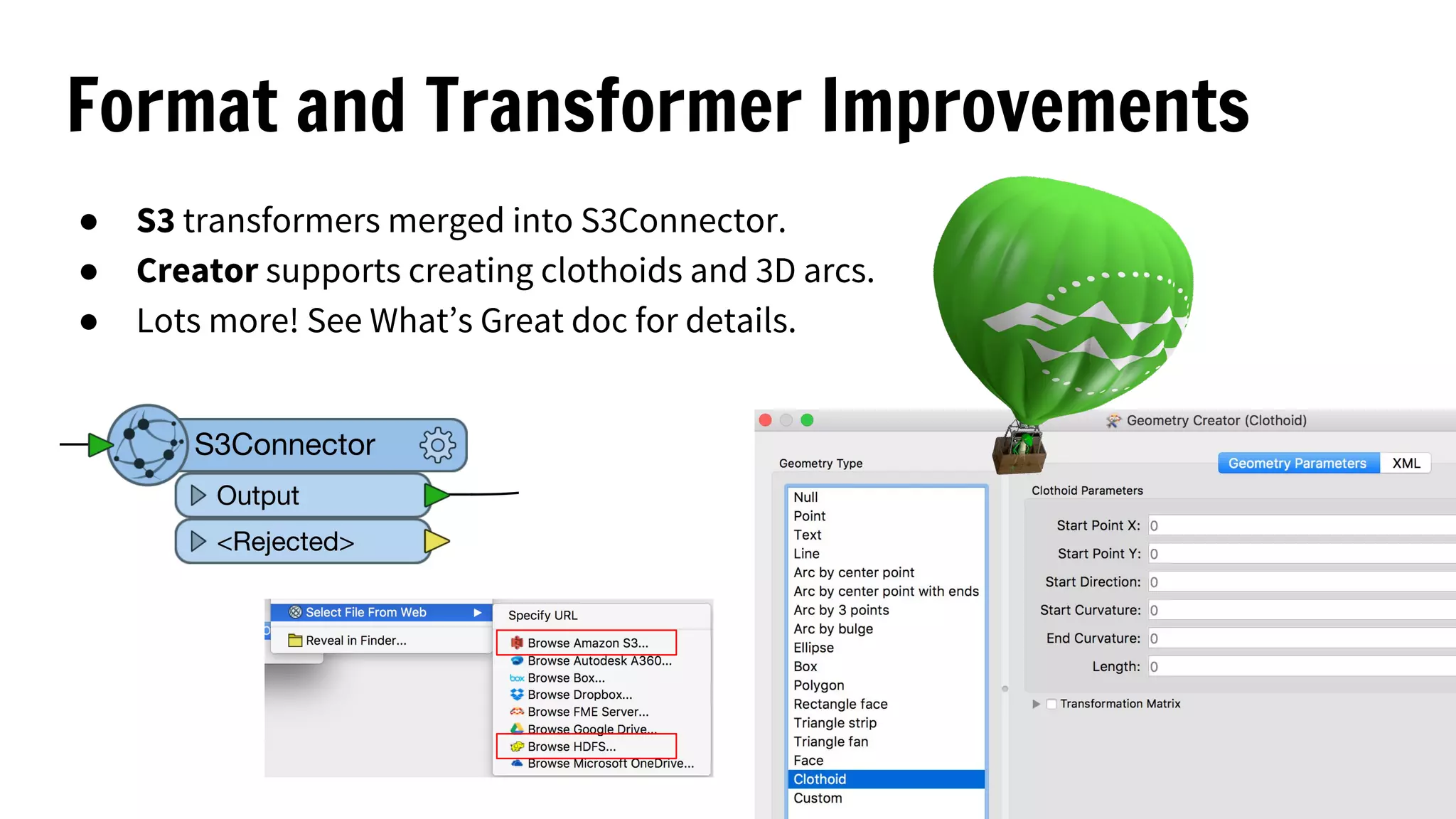 Format and Transformer Improvements
● S3 transformers merged into S3Connector.
● Creator supports creating clothoids and 3D arcs.
● Lots more! See What’s Great doc for details.
 