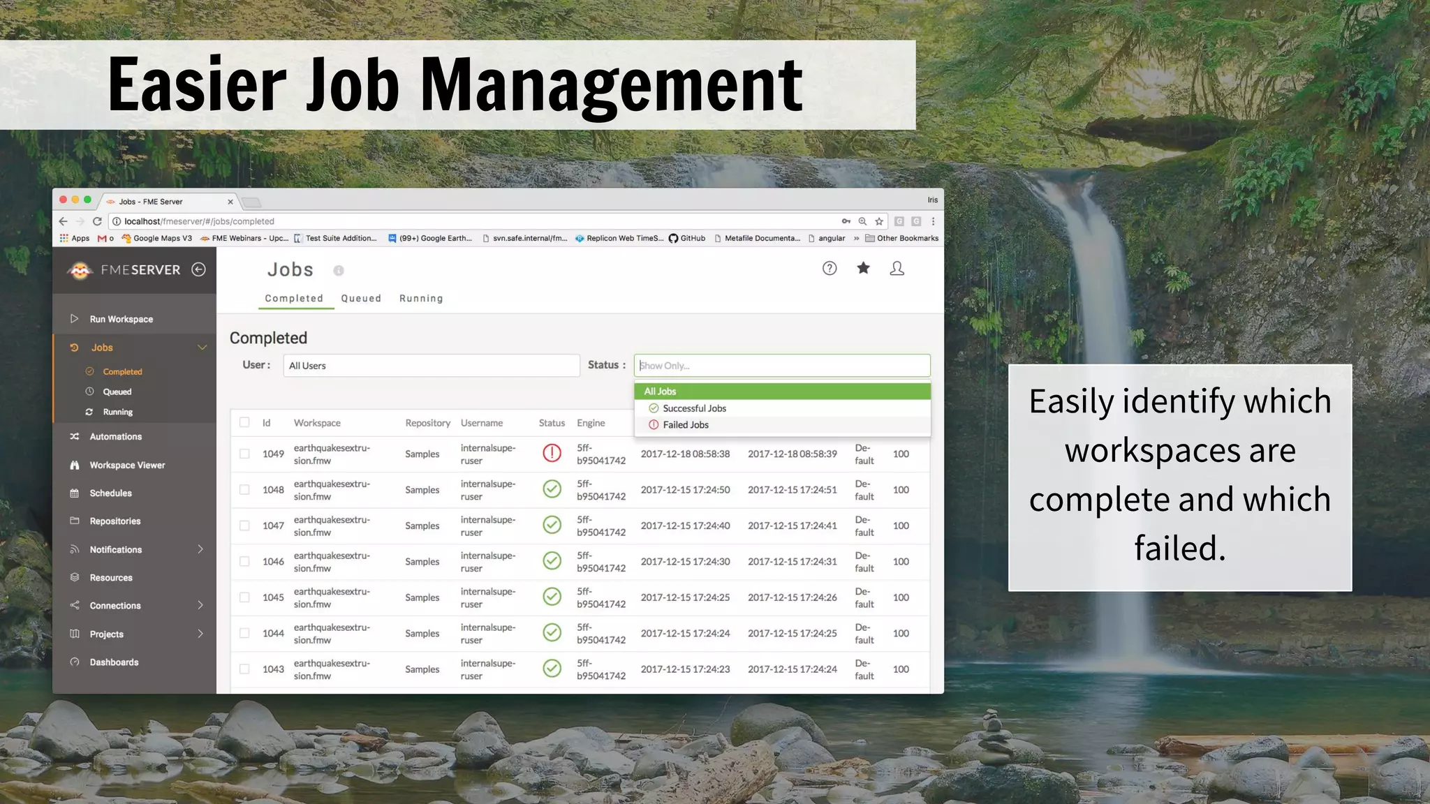 Easier Job Management
Easily identify which
workspaces are
complete and which
failed.
 