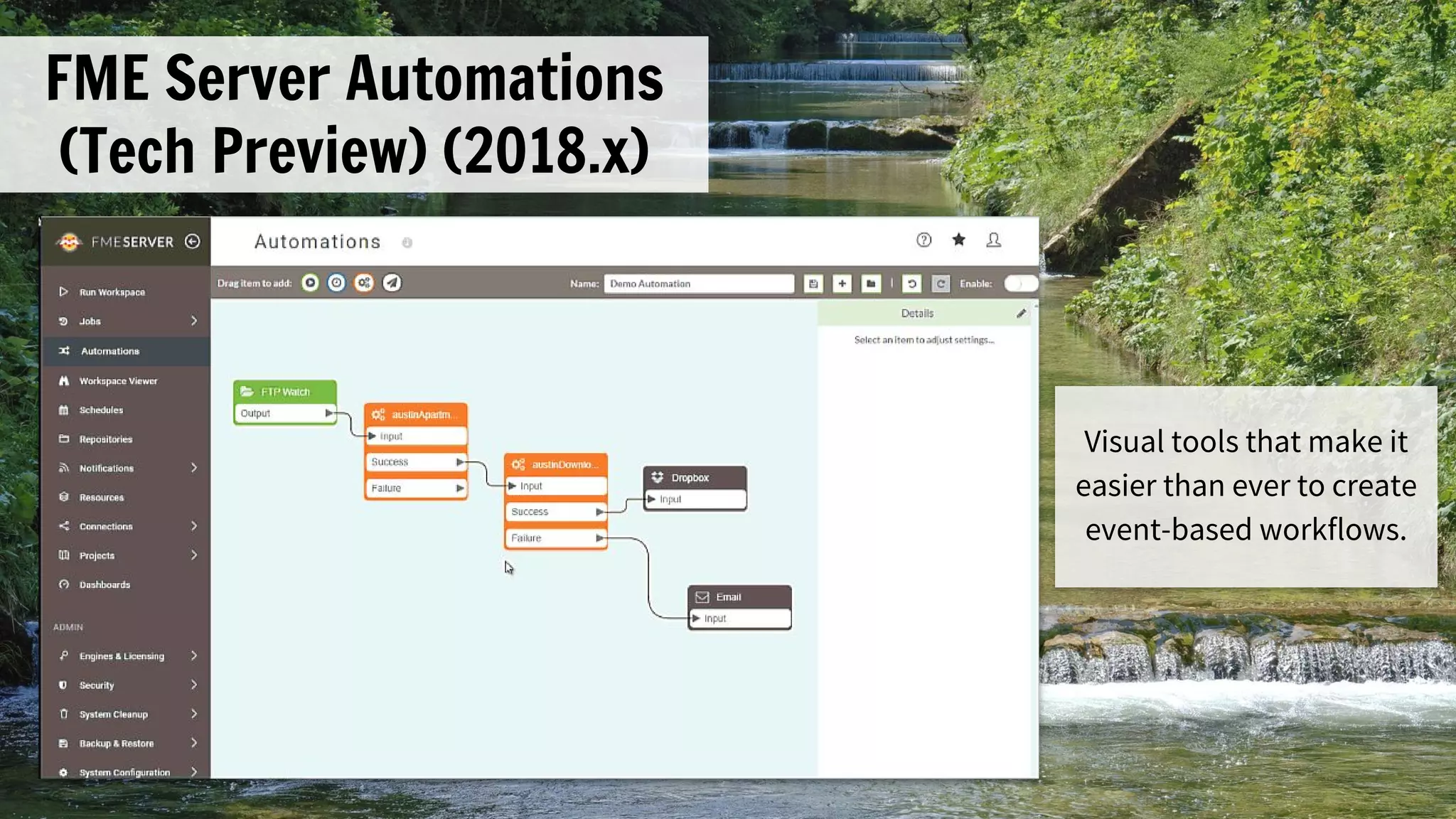 FME Server Automations
(Tech Preview) (2018.x)
Visual tools that make it
easier than ever to create
event-based workflows.
 