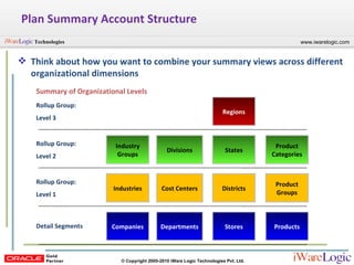 Plan Summary Account Structure Think about how you want to combine your summary views across different organizational dimensions Products Stores Departments Companies Detail Segments Industries Industry Groups Cost Centers Divisions Districts States Regions Product Groups Product Categories Rollup Group: Level 1 Rollup Group: Level 2 Rollup Group: Level 3 Summary of Organizational Levels 