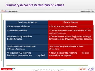 Summary Accounts Versus Parent Values Parent Values Summary Accounts Store summary balances. Do not store account balances. View balances online. Cannot be viewed online because they do not maintain balances. Use in recurring journals or  budget formulas. Cannot be used in recurring journals or budget formulas because they do not maintain balances. Use the constant segment type  in Mass Allocations. Use the looping segment type in Mass Allocations. Get quicker FSG reporting because no summations are  required. Result in slower FSG reporting  because summations are required. 