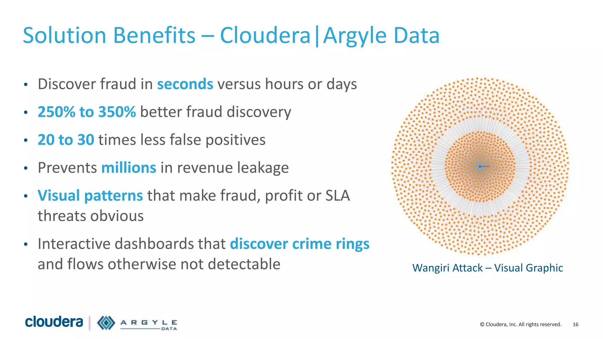 16© Cloudera, Inc. All rights reserved.
Solution Benefits – Cloudera|Argyle Data
• Discover fraud in seconds versus hours or days
• 250% to 350% better fraud discovery
• 20 to 30 times less false positives
• Prevents millions in revenue leakage
• Visual patterns that make fraud, profit or SLA
threats obvious
• Interactive dashboards that discover crime rings
and flows otherwise not detectable Wangiri Attack – Visual Graphic
 