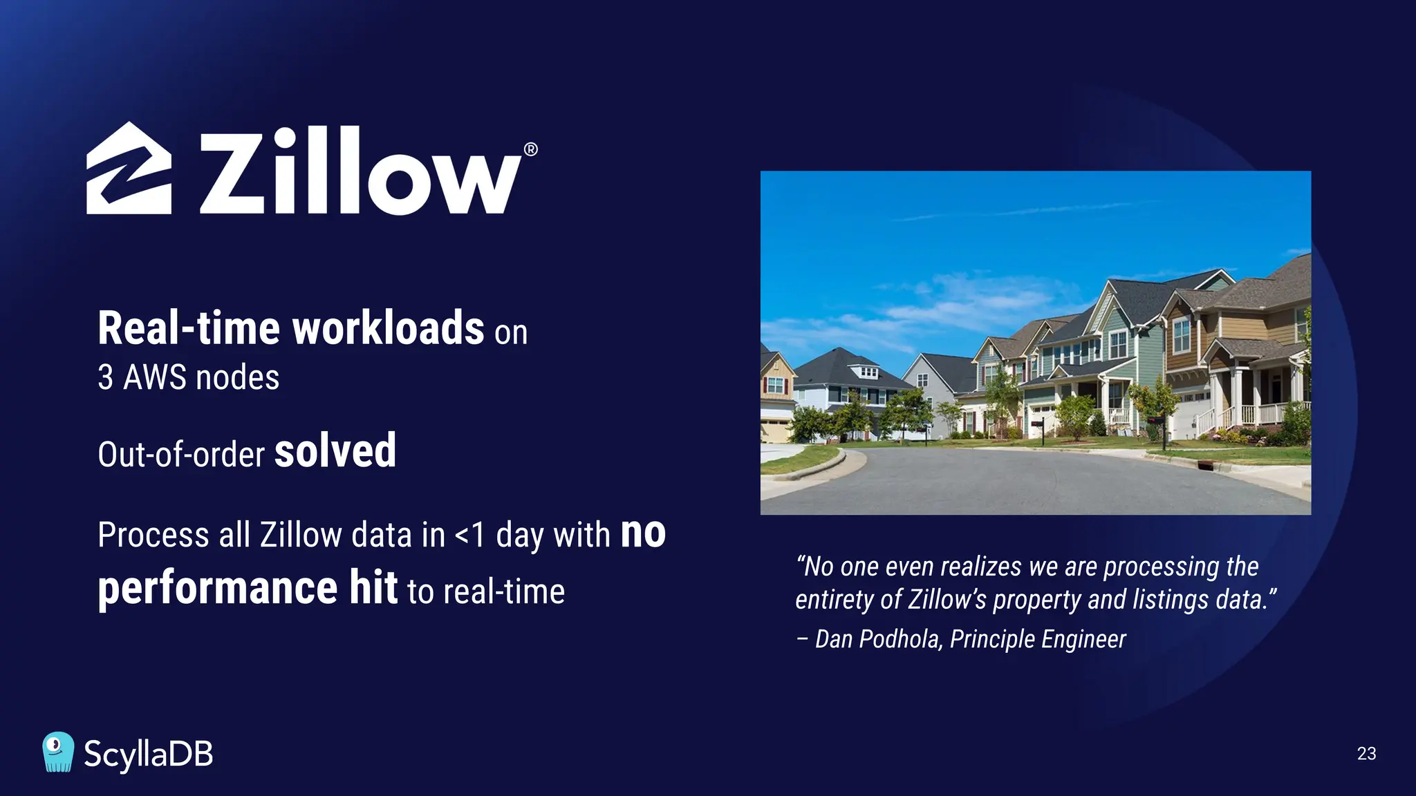 23
Real-time workloads on
3 AWS nodes
Out-of-order solved
Process all Zillow data in <1 day with no
performance hit to real-time
“No one even realizes we are processing the
entirety of Zillow’s property and listings data.”
– Dan Podhola, Principle Engineer
 