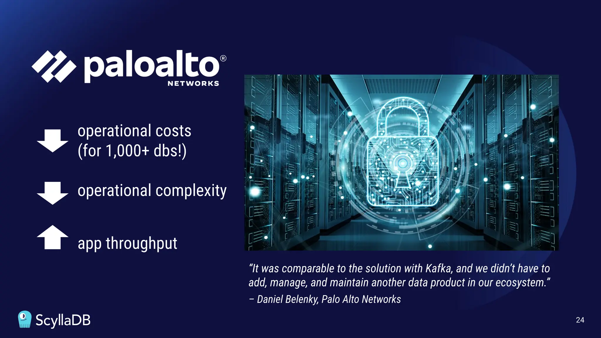 24
“It was comparable to the solution with Kafka, and we didn’t have to
add, manage, and maintain another data product in our ecosystem.”
– Daniel Belenky, Palo Alto Networks
operational complexity
operational costs
(for 1,000+ dbs!)
app throughput
 