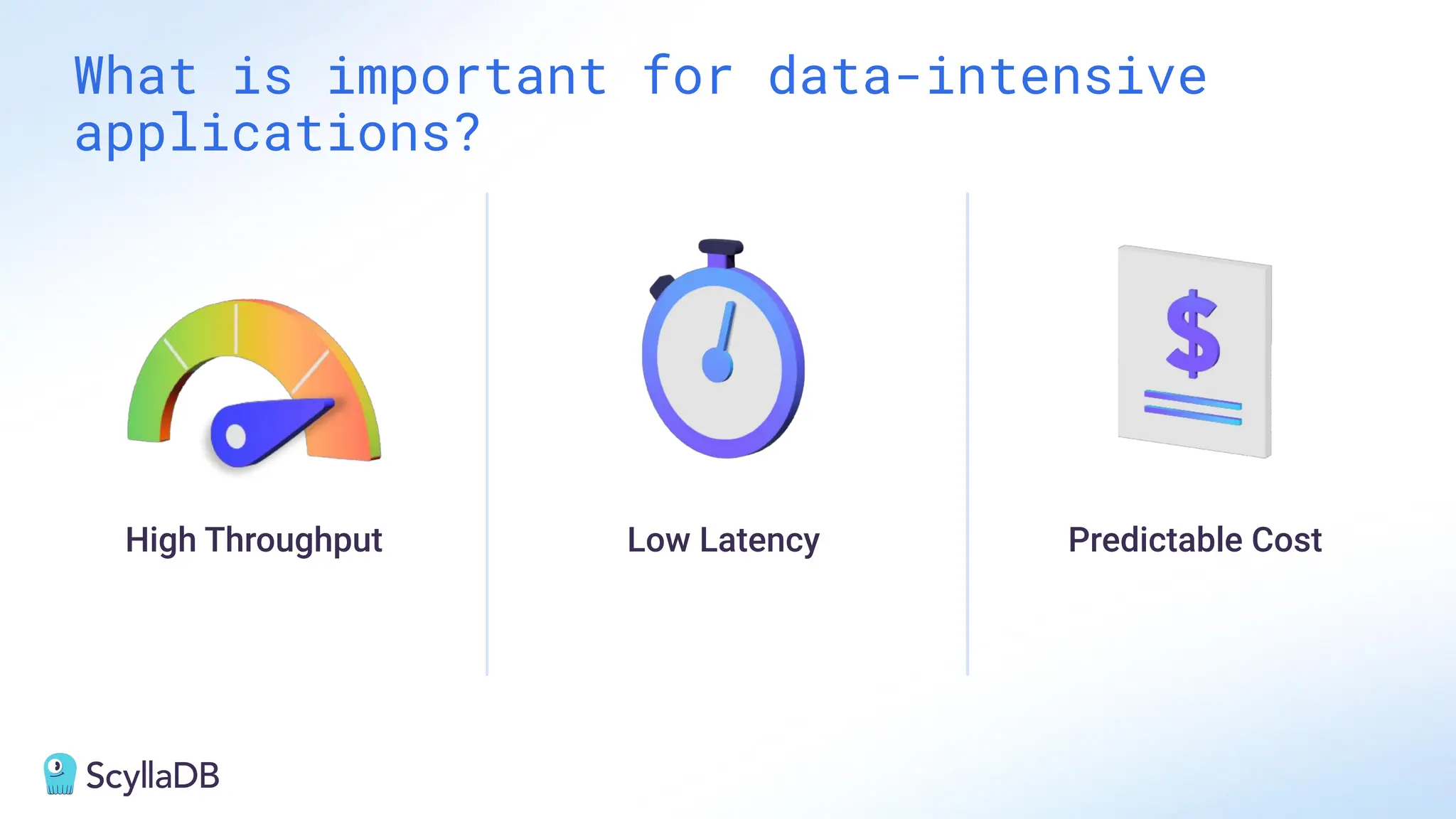 What is important for data-intensive
applications?
High Throughput Low Latency Predictable Cost
 