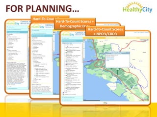FOR PLANNING…Hard-To-Count Scores in OaklandHard-To-Count Scores + Demographic DataHard-To-Count Scores + NPO’s/CBO’s