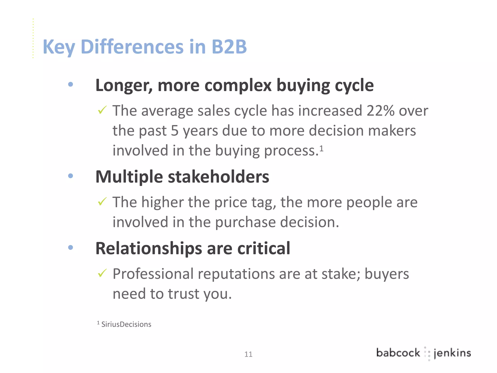 Key Differences in B2B
  •   Longer, more complex buying cycle
            The average sales cycle has increased 22% over
             the past 5 years due to more decision makers
             involved in the buying process.1
  •   Multiple stakeholders
            The higher the price tag, the more people are
             involved in the purchase decision.
  •   Relationships are critical
            Professional reputations are at stake; buyers
             need to trust you.
      1   SiriusDecisions


                                11
 