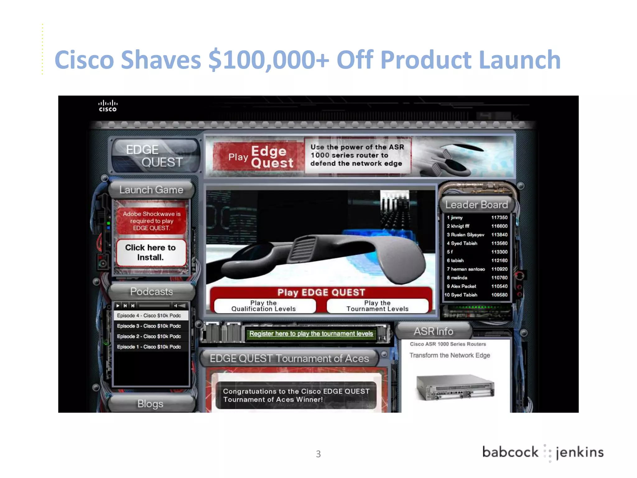 Cisco Shaves $100,000+ Off Product Launch




                     3
 