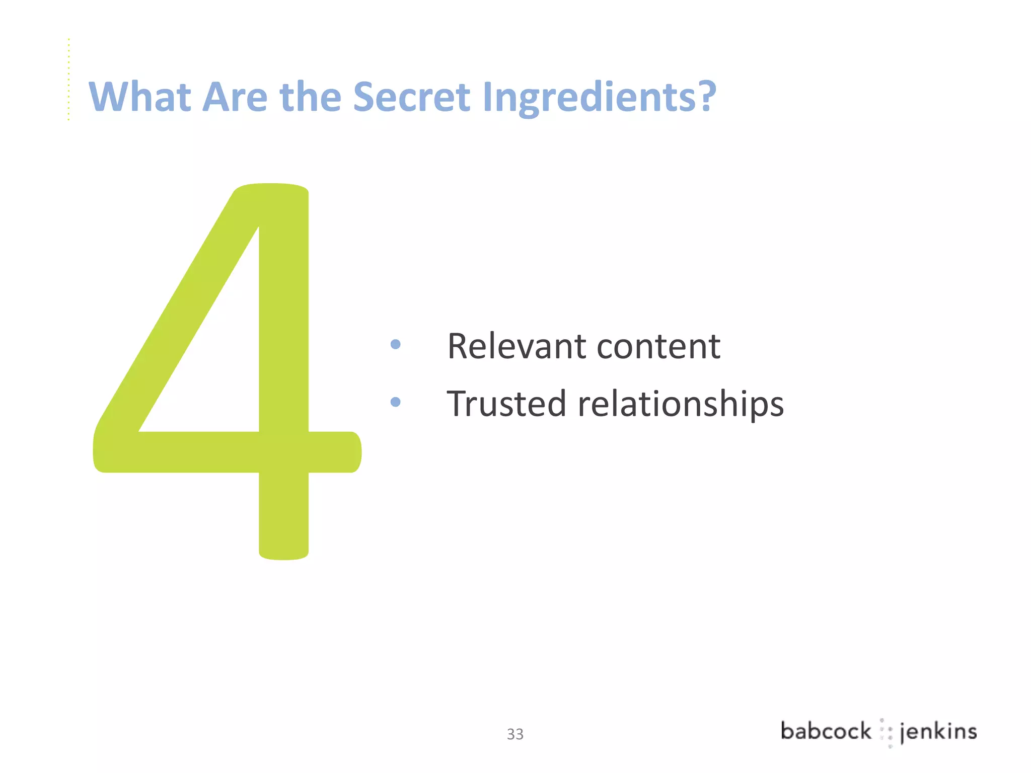 What Are the Secret Ingredients?




               •   Relevant content
               •   Trusted relationships




                      33
 