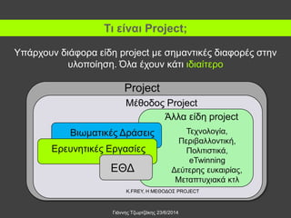 Γιάννης Τζωρτζάκης 23/6/2014
Project
Άλλα είδη project
Τεχνολογία,
Περιβαλλοντική,
Πολιτιστικά,
eTwinning
Δεύτερης ευκαιρίας,
Μεταπτυχιακά κτλ
Ερευνητικές Εργασίες
ΕΘΔ
Βιωματικές Δράσεις
Μέθοδος Project
K.FREY, Η ΜΕΘΟΔΟΣ PROJECT
Τι είναι Project;
Υπάρχουν διάφορα είδη project με σημαντικές διαφορές στην
υλοποίηση. Όλα έχουν κάτι ιδιαίτερο
 