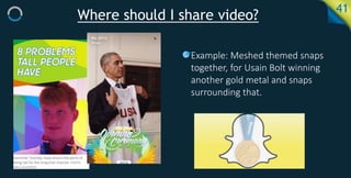 Where should I share video?
41
• Example: Meshed themed snaps
together, for Usain Bolt winning
another gold metal and snap...
