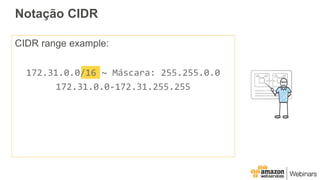 Notação CIDR
CIDR range example:
172.31.0.0/16 ~ Máscara: 255.255.0.0
172.31.0.0-172.31.255.255
 