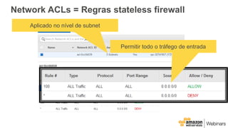 Network ACLs = Regras stateless firewall
Permitir todo o tráfego de entrada
Aplicado no nível de subnet
 