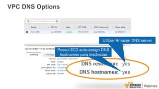 VPC DNS Options
Utilizar Amazon DNS server
Possui EC2 auto-assign DNS
hostnames para instâncias
 