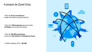 2
• Plus de 1 500 employés dans le monde,
35 filiales sur tous les continents
• Plus de 25 ans d’existence,
leader de solutions d’accès Internet
• Plus de 700 000 entreprises,
et plus de 100 millions d’utilisateurs finaux
A propos de Zyxel Corp.
• Chiffre d’affaires 2016 : 383 M$
 