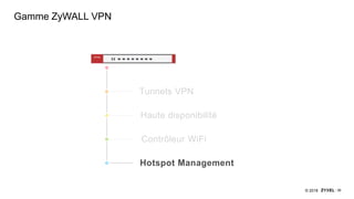 36© 2018
Gamme ZyWALL VPN
Tunnels VPN
Haute disponibilité
Contrôleur WiFi
Hotspot Management
 