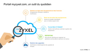 42© 2018
my
Enregistrement, activation, transfert et
maintenance
Gestion en ligne des équipements et des licences
Gestion multi-profil pour optimiser la gestion des
équipements
Portail MULTI-TENANT
Serveur de requête intermédiaire
pour un meilleur support client
Base de données des équipements
Des outils de reporting pour organiser vos
opérations commerciales et optimiser vos revenus
REPORTING
Portail myzyxel.com, un outil du quotidien
Identification et téléchargement des upgrades de
firmware
Gestion des upgrades
 