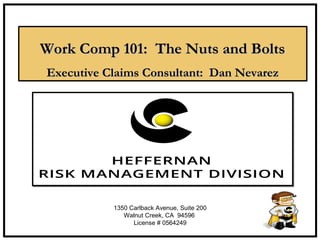 Work Comp 101: The Nuts and BoltsWork Comp 101: The Nuts and Bolts
Executive Claims Consultant: Dan NevarezExecutive Claims Consultant: Dan Nevarez
1350 Carlback Avenue, Suite 200
Walnut Creek, CA 94596
License # 0564249
 