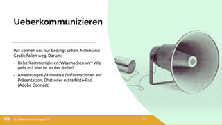 Ueberkommunizieren
22.03.20
Wir können uns nur bedingt sehen. Mimik und
Gestik fallen weg. Darum:
- Ueberkommunizieren: Was machen wir? Wie
geht es? Wer ist an der Reihe?
- Anweisungen / Hinweise / Informationen auf
Präsentation, Chat oder extra Note-Pad
(Adobe Connect)
@ Collaboration Design 2019 27
 