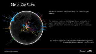 Confidential & Proprietary
300 часов контента загружается на YouTube каждую
минуту
38% мировых пользователей смартфонов просмотрели
видео через приложение YouTube за последний месяц,
сделав его третьим самым используемым приложением в
мире
Во многих странах YouTube creators более популярны,
чем традиционные звезды шоу-бизнеса
Мир YouTube
 
