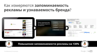 Confidential & Proprietary
Как измеряются запоминаемость
рекламы и узнаваемость бренда?
Повышение запоминаемости рекламы на 130%
Какую видеорекламу
вы недавно видели в
интернете?
 