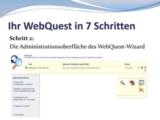 Ihr WebQuest in 7 Schritten
Schritt 2:
Die Administrationsoberfläche des WebQuest-Wizard

 