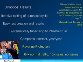 9
© 2013 SOASTA CONFIDENTIAL - All rights reserved.
“We are 100% focused 
on our consumer
satisfaction…Given the
revenue it’s protecting for
us, it’s money very well
spent.”
Michael Hart, Bonobos
CTO

Iterative testing of purchase cycle

Easy test creation and results


Systematically tuned app to infrastructure



 Compares test/test, year/year

 
 
 
 
 


 
 Revenue Protection

 
 


 
 64x normal trafﬁc, 15X sales, no issues

 


 