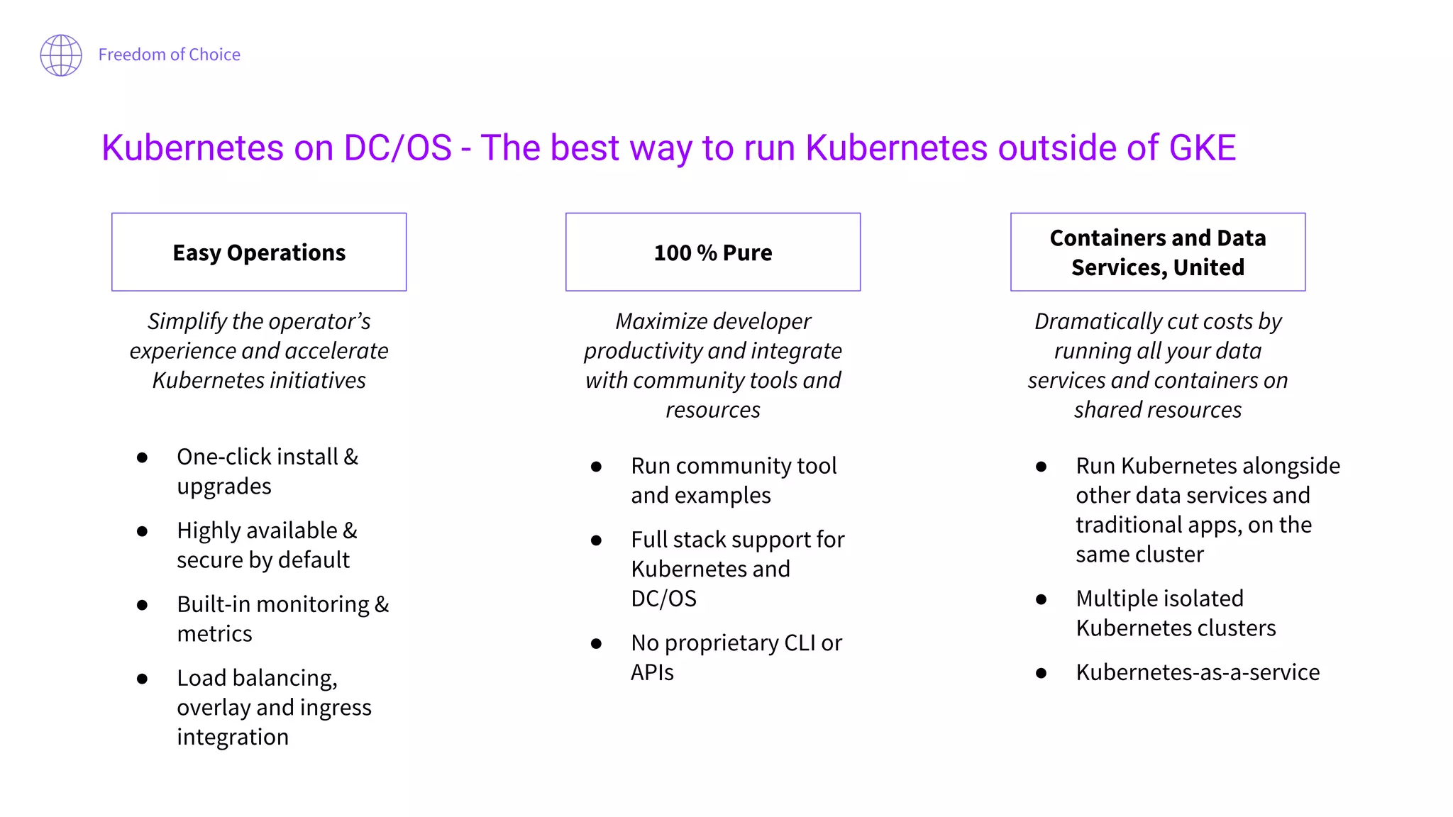 Kubernetes on DC/OS - The best way to run Kubernetes outside of GKE
Easy Operations 100 % Pure
Containers and Data
Services, United
Simplify the operator’s
experience and accelerate
Kubernetes initiatives
Maximize developer
productivity and integrate
with community tools and
resources
Dramatically cut costs by
running all your data
services and containers on
shared resources
● One-click install &
upgrades
● Highly available &
secure by default
● Built-in monitoring &
metrics
● Load balancing,
overlay and ingress
integration
● Run community tool
and examples
● Full stack support for
Kubernetes and
DC/OS
● No proprietary CLI or
APIs
● Run Kubernetes alongside
other data services and
traditional apps, on the
same cluster
● Multiple isolated
Kubernetes clusters
● Kubernetes-as-a-service
Freedom of Choice
 