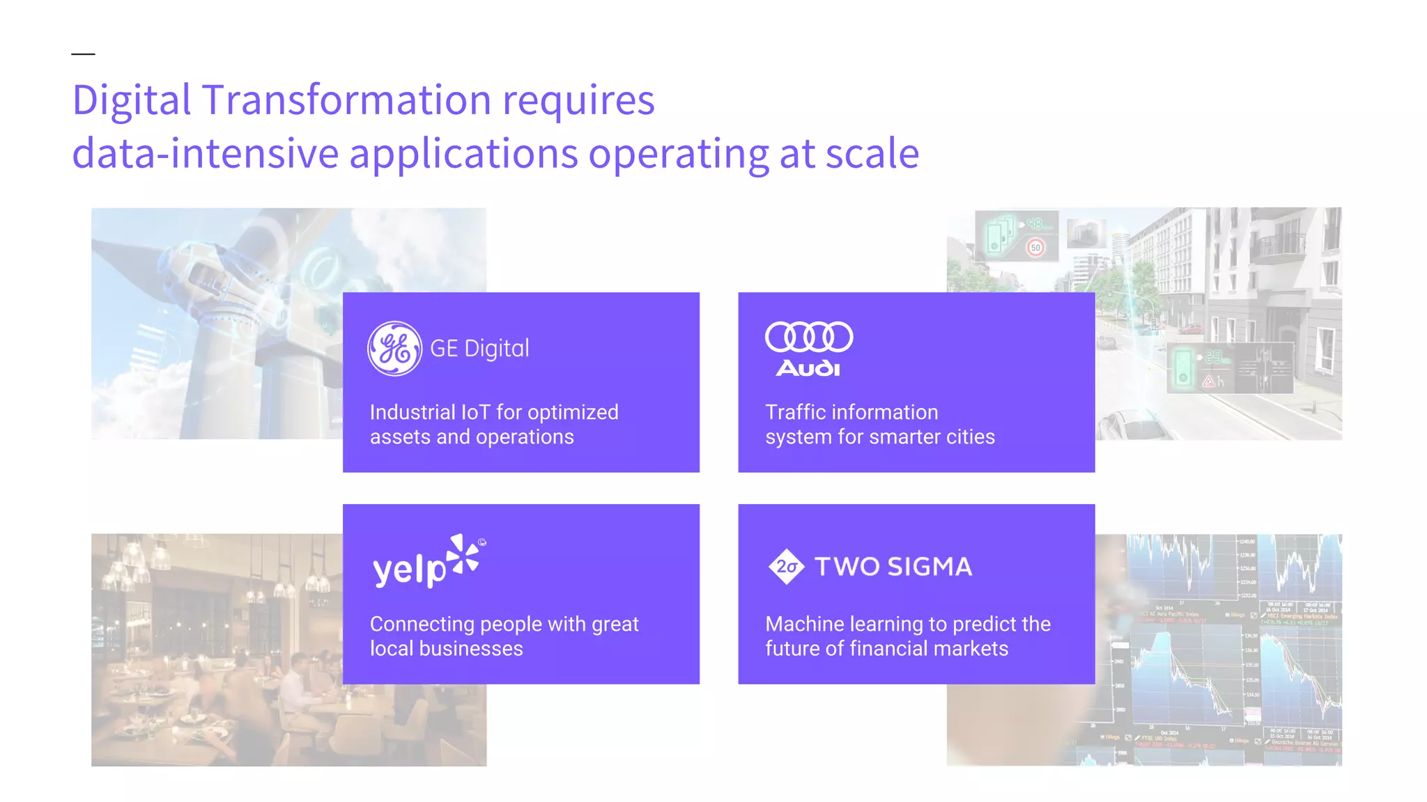 Digital Transformation requires
data-intensive applications operating at scale
Traffic information
system for smarter cities
Machine learning to predict the
future of financial markets
Industrial IoT for optimized
assets and operations
Connecting people with great
local businesses
 