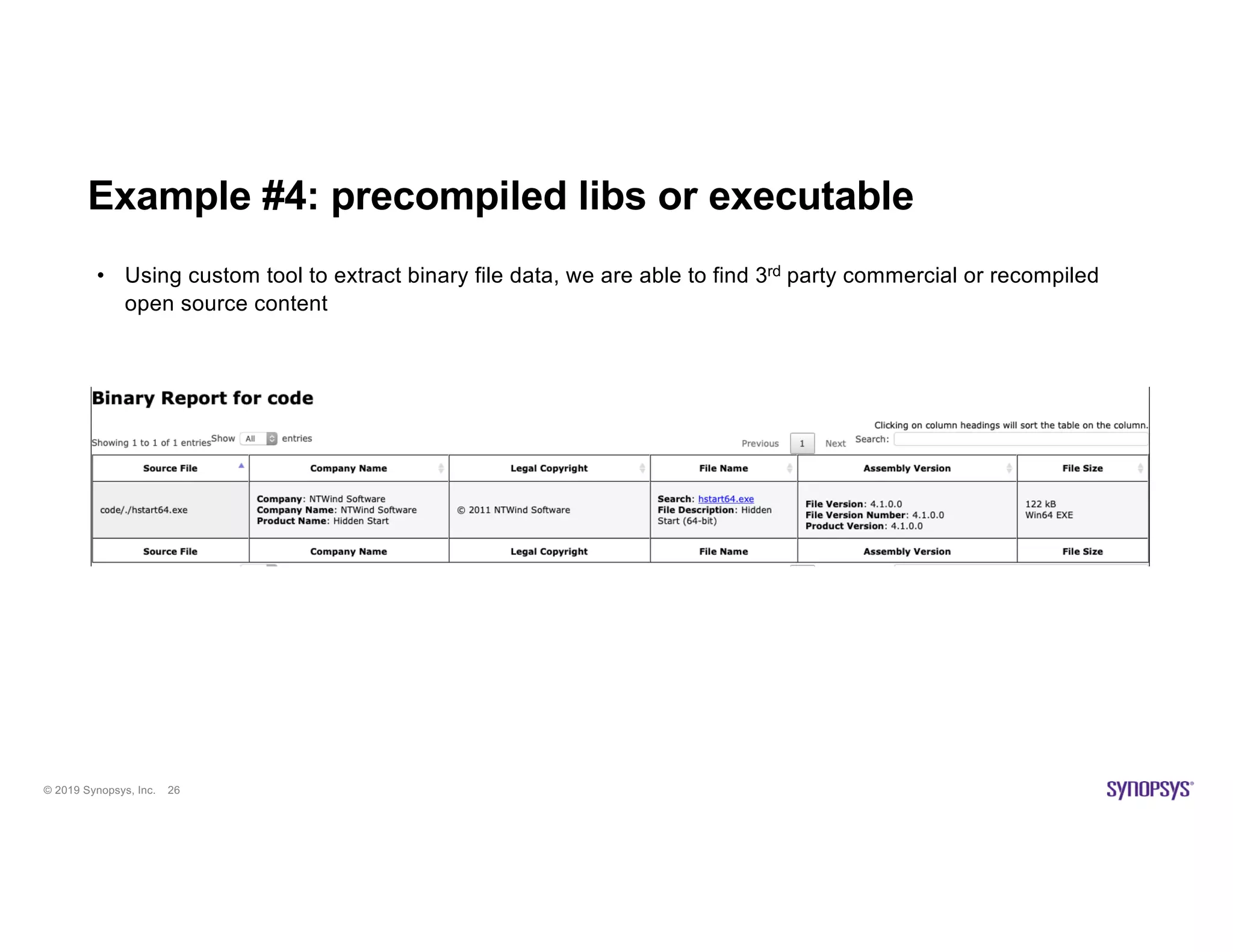 © 2019 Synopsys, Inc. 26
Example #4: precompiled libs or executable
• Using custom tool to extract binary file data, we are able to find 3rd party commercial or recompiled
open source content
 