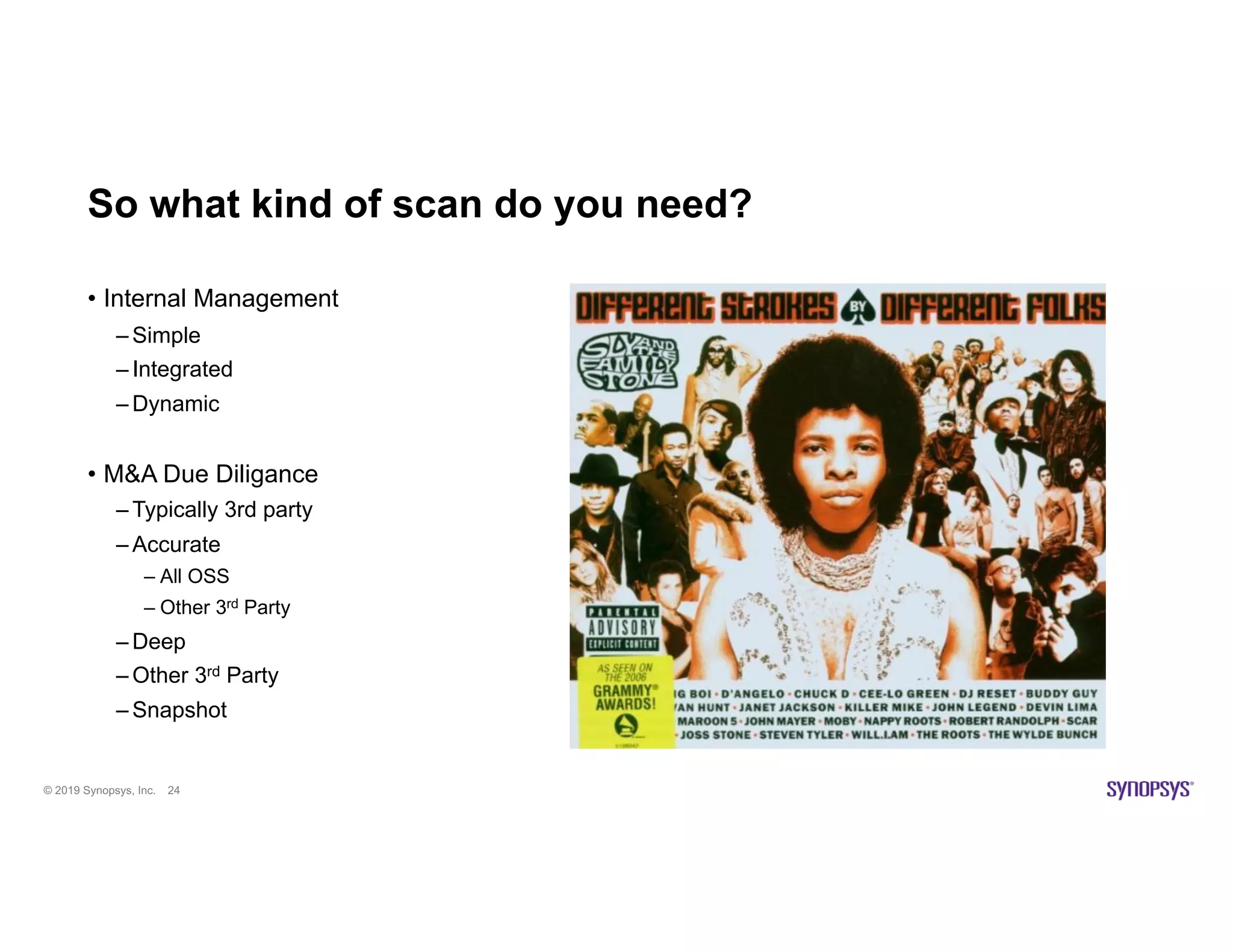 © 2019 Synopsys, Inc. 28
So what kind of scan do you need?
• Internal Management
– Simple
– Integrated
– Dynamic
• M&A Due Diligance
– Typically 3rd party
– Accurate
– All OSS
– Other 3rd Party
– Deep
– Other 3rd Party
– Snapshot
© 2019 Synopsys, Inc. 24
So what kind of scan do you need?
• Internal Management
– Simple
– Integrated
– Dynamic
• M&A Due Diligance
– Typically 3rd party
– Accurate
– All OSS
– Other 3rd Party
– Deep
– Other 3rd Party
– Snapshot
 