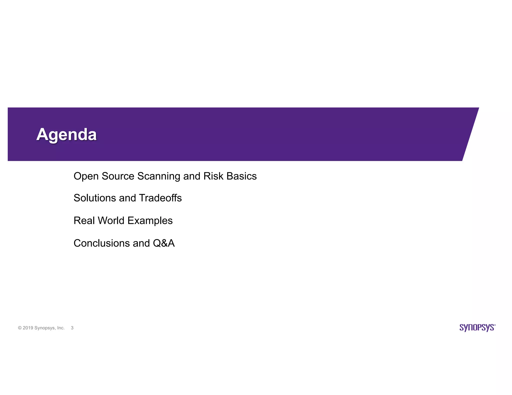 © 2019 Synopsys, Inc. 3
Agenda
Open Source Scanning and Risk Basics
Solutions and Tradeoffs
Real World Examples
Conclusions and Q&A
 