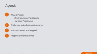 Internal
Agenda
1
2
3
4
What is Peppol:
- Infrastructure and Participants
- How does Peppol work
Challenges and solutions in the market
How can I benefit from Peppol?
Peppol in different countries
02/12/2016 Presentation name2
 