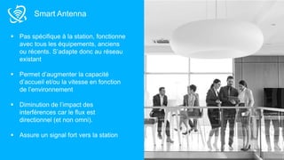 27© 2018
Smart Antenna
 Pas spécifique à la station, fonctionne
avec tous les équipements, anciens
ou récents. S’adapte donc au réseau
existant
 Permet d’augmenter la capacité
d’accueil et/ou la vitesse en fonction
de l’environnement
 Diminution de l’impact des
interférences car le flux est
directionnel (et non omni).
 Assure un signal fort vers la station
 